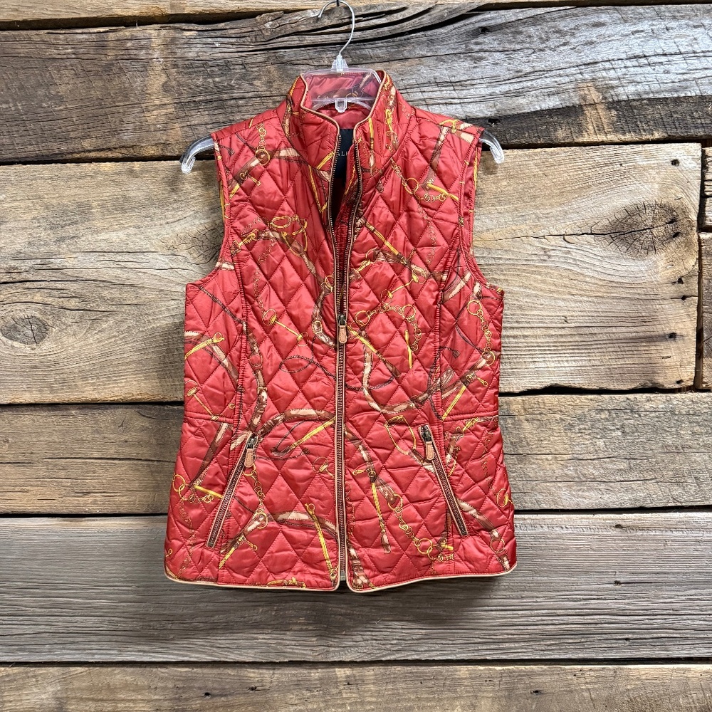 Talbots Equestrian print Quilted Vest, XS, Rust